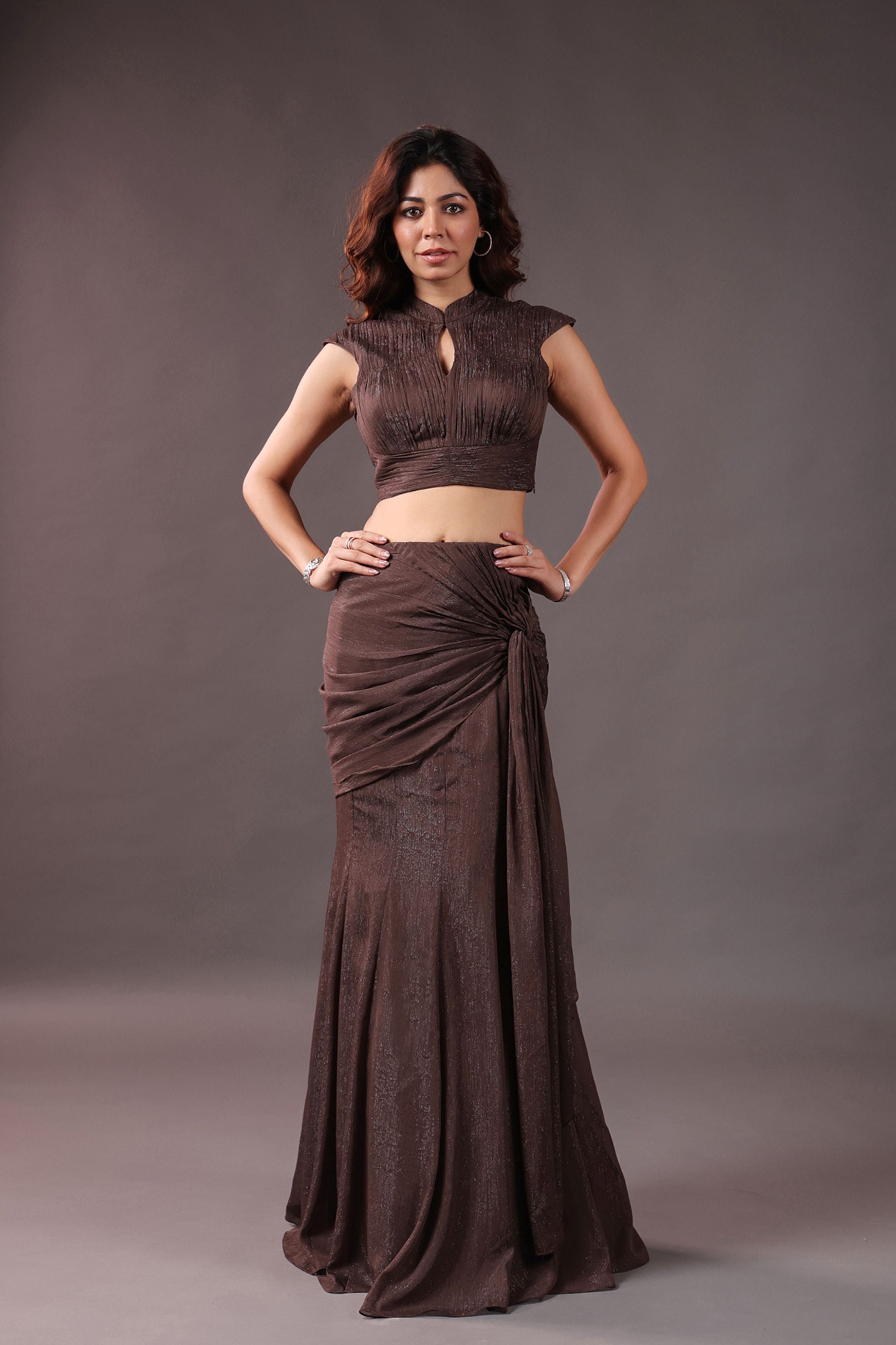 Coppermist Brown Drape Gown Saree