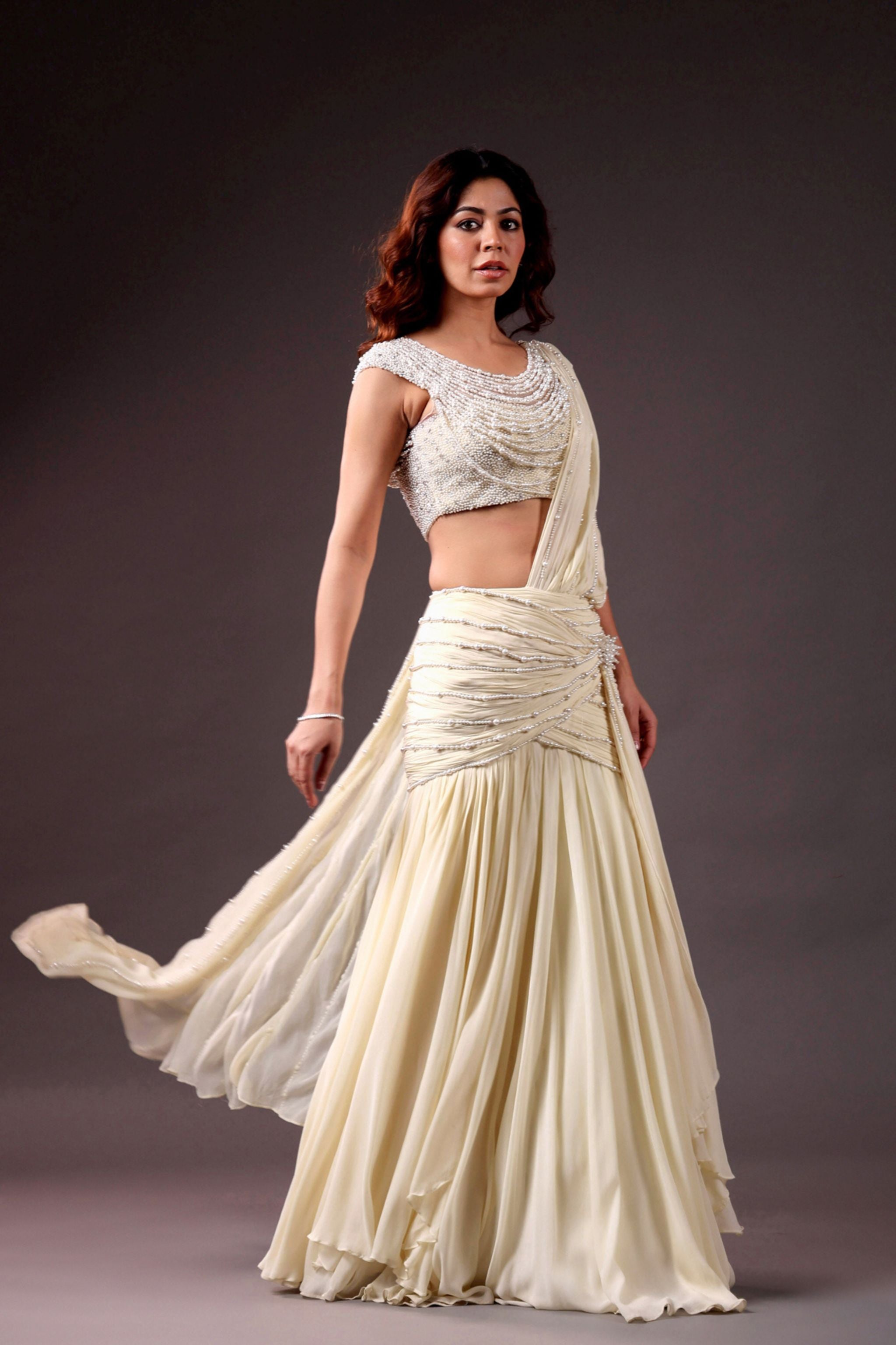 Pearlmist Ecru Draped Lehenga Set