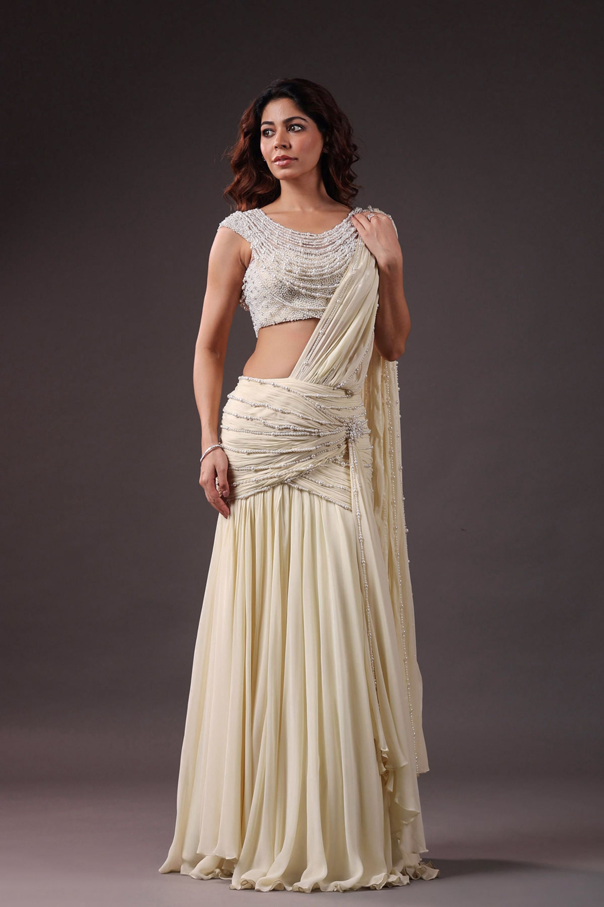 Pearlmist Ecru Draped Lehenga Set