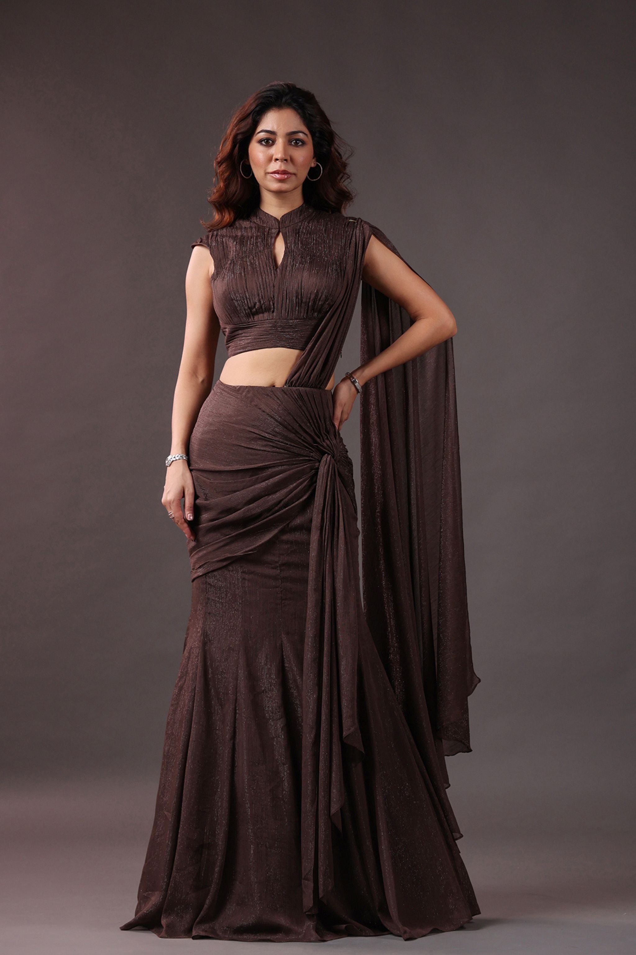 Coppermist Brown Drape Gown Saree