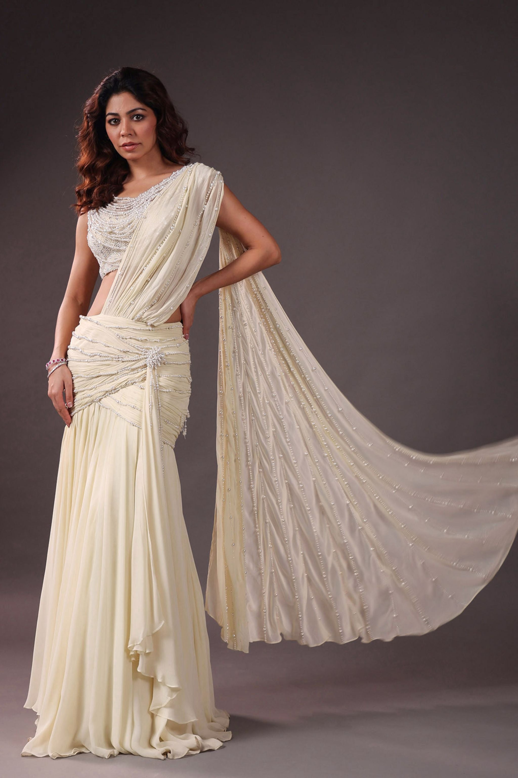 Pearlmist Ecru Draped Lehenga Set