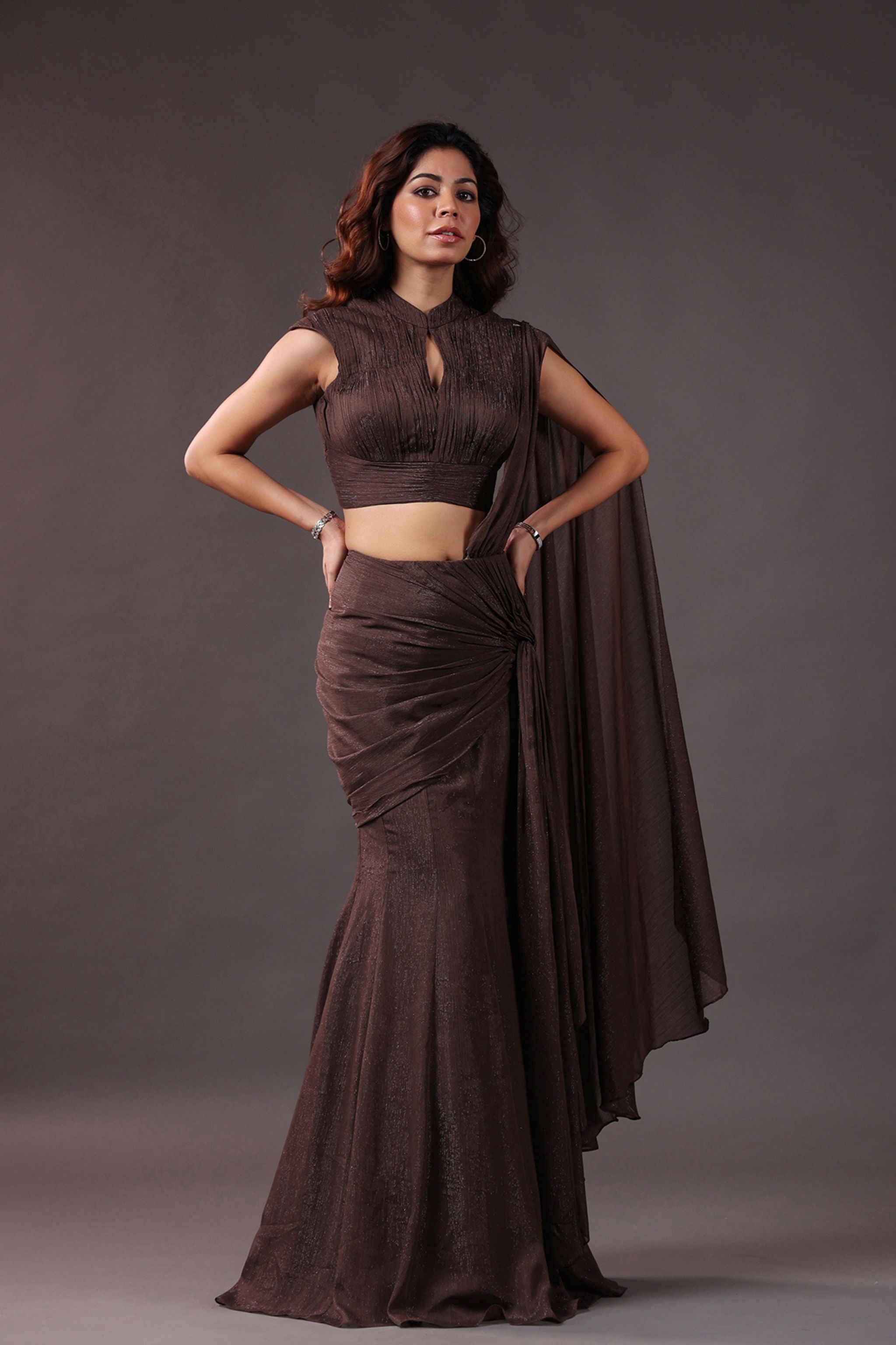 Coppermist Brown Drape Gown Saree